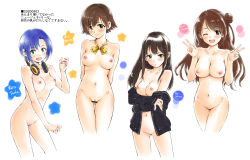 Rule 34 | 2020, 4girls, :d, ;d, alternate hair color, arms behind back, bar censor, black cardigan, blue hair, bow, bowtie, breasts, brown eyes, brown hair, cardigan, censored, character name, closed mouth, clothes down, collarbone, completely nude, cropped legs, dated, double v, gluteal fold, green eyes, hair bun, hamao, headphones, headphones around neck, highres, honda mio, idolmaster, idolmaster cinderella girls, long hair, looking at viewer, medium breasts, multiple girls, navel, nipples, nude, one eye closed, open cardigan, open clothes, open mouth, pussy, shibuya rin, shimamura uzuki, short hair, smile, standing, tada riina, thigh gap, v, very long hair, white background, yellow bow, yellow bowtie, yellow eyes