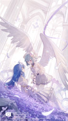 Rule 34 | 2girls, absurdres, ahoge, angel wings, arm at side, arms at sides, artist name, ascot, bare shoulders, bili girl 22, bili girl 33, bilibili, blue hair, blush, bow, breasts, chinese commentary, choker, cleavage cutout, closed mouth, clothing cutout, commentary request, dress, feathers, feet out of frame, flower, flower bed, flying, frilled dress, frills, hair flower, hair ornament, hand up, headdress, highres, lace trim, light blue hair, long hair, looking at another, lying, medium breasts, medium hair, multiple girls, on back, petals, pink eyes, purple flower, purple ribbon, red eyes, ribbon, see-through, see-through sleeves, senryoko, small breasts, waist bow, watermark, web address, white ascot, white dress, wings, yellow bow