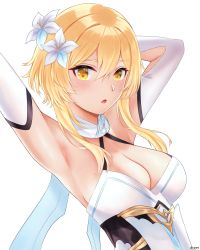 Rule 34 | 1girl, absurdres, armpits, arms behind head, arms up, bare shoulders, blonde hair, blush, breasts, cleavage, detached sleeves, dress, flower, genshin impact, hair flower, hair ornament, highres, large breasts, looking at viewer, lumine (genshin impact), medium hair, open mouth, scarf, sidelocks, solo, white dress, white scarf, yayanri, yellow eyes