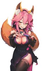 Rule 34 | 1girl, animal ears, bare shoulders, breasts, cleavage, eyebrows, fang, fate/extra, fate (series), fox ears, fox girl, fox tail, hair ornament, hand fan, haoni, headband, highres, kitsune, large breasts, looking at viewer, nail polish, non-web source, open mouth, pink hair, smile, solo, source request, tail, tamamo (fate), tamamo no mae (fate/extra), transparent background, white background, yellow eyes