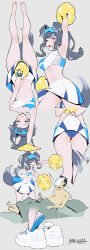 Rule 34 | 1boy, 1girl, absurdres, animal ears, armpits, arms up, doodle sensei (blue archive), bare shoulders, black hair, blue archive, blush, breasts, cheering, cheerleader, cleavage, clothes lift, crop top, dog ears, dog girl, dog tail, eyewear on head, goggles, goggles on head, grey background, halo, hibiki (blue archive), hibiki (cheer squad) (blue archive), highres, holding, holding pom poms, lifting own clothes, looking at viewer, manzai sugar, medium breasts, millennium cheerleader outfit (blue archive), navel, official alternate costume, panties, pleated skirt, pom pom (cheerleading), pom poms, purple eyes, sensei (blue archive), shoes, signature, skirt, skirt lift, sneakers, star sticker, sticker on face, tail, tail wagging, underwear, upside-down, white footwear, white skirt