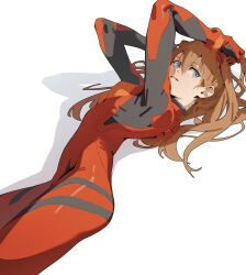 Rule 34 | 1girl, blue eyes, bodysuit, commentary, dutch angle, english commentary, felix thirasat, from side, hands in own hair, highres, long hair, looking at viewer, making-of available, neon genesis evangelion, parted lips, pilot suit, plugsuit, red bodysuit, red hair, shadow, simple background, solo, souryuu asuka langley, white background