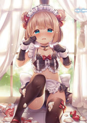 Rule 34 | 1girl, absurdres, apron, back bow, backlighting, bare shoulders, bikini, black bikini, black choker, black gloves, black skirt, blue eyes, blush, bow, bowtie, brown hair, brown thighhighs, choker, collarbone, crying, crying with eyes open, curtains, double bun, elbow gloves, food, food on clothes, frilled apron, frilled gloves, frills, fruit, gloves, hair bow, hair bun, hands up, heart, heart choker, highres, knee up, looking at viewer, maid headdress, momoniku, navel, on floor, open mouth, original, pleated skirt, red bow, red bowtie, red footwear, short hair, sitting, skirt, solo, spill, strawberry, swimsuit, tears, thighhighs, tile floor, tiles, transparent, waist apron, white apron, white bow, window, wrist cuffs