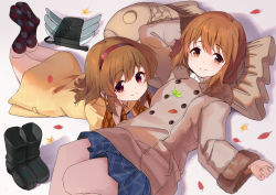 Rule 34 | 2girls, argyle, argyle clothes, argyle legwear, backpack, bag, boots, brown eyes, brown hair, buttons, coat, crossover, double-breasted, food, fur-trimmed coat, fur trim, hagiwara yukiho, hairband, head rest, idolmaster, idolmaster (classic), kanon, leaf, long hair, look-alike, looking at viewer, lying, maple leaf, miniskirt, multiple girls, on back, on stomach, pleated skirt, red eyes, red hairband, short hair, skirt, smile, tagame (tagamecat), taiyaki, the pose, tsukimiya ayu, unworn backpack, unworn bag, unworn boots, wagashi, winter clothes