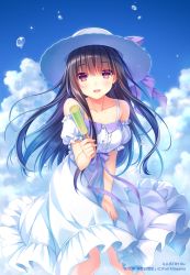 Rule 34 | 1girl, :d, artist name, ayase miharu, bare shoulders, black hair, blue sky, blush, bow, cloud, collarbone, commentary request, cowboy shot, day, detached sleeves, dress, eyes visible through hair, food, frilled dress, frilled sleeves, frills, hat, hat bow, holding, holding food, long hair, looking at viewer, official art, open mouth, outdoors, popsicle, puffy short sleeves, puffy sleeves, purple bow, purple eyes, purple ribbon, ribbon, riv (rivleaf), seirei gensouki, short sleeves, sky, smile, solo, standing, white dress, white hat, wind