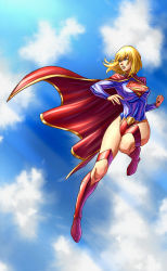 Rule 34 | 1girl, blonde hair, blue eyes, blue sky, boots, cape, dc comics, flying, highres, kryptonian, leotard, red cape, red footwear, s shield, shoes, sky, solo, supergirl, superman (series), teeth, zhen long