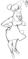 Rule 34 | 1girl, breasts, dress, greyscale, hand on own hip, monochrome, short hair, solo, tagme, watatanza