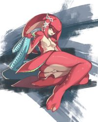 Rule 34 | 1girl, anus, ass, breasts, cleft of venus, female focus, fish girl, full body, hair ornament, highres, jewelry, lips, lipstick, looking at viewer, looking back, lying, makeup, medium breasts, mipha, monster girl, nintendo, nipples, on side, parted lips, pussy, solo, the legend of zelda, the legend of zelda: breath of the wild, thighs, uncensored, vins-mousseux, zora