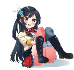 Rule 34 | 1girl, afterschool school idol (love live!), ass, beige jacket, black footwear, black hair, black thighhighs, blouse, blue flower, blue rose, blush, boots, bow, chase (love live!), commentary request, dress, feather hair ornament, feathers, flower, frills, gloves, grey eyes, hair flower, hair ornament, highres, knees up, long hair, looking at viewer, love live!, love live! nijigasaki high school idol club, love live! school idol project, pink thighhighs, red bow, red neckwear, rose, shirt, simple background, solo, teeth, thighhighs, totoki86, upper teeth only, white background, white gloves, white shirt, yuki setsuna (love live!)