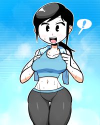 Rule 34 | !, 1girl, black hair, blush, breasts, colored skin, highres, hiryou man (crap-man), large breasts, leggings, midriff, navel, nintendo, open mouth, pale skin, ponytail, tank top, thought bubble, towel, white skin, wii fit, wii fit trainer, wii fit trainer (female)