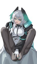 Rule 34 | 1girl, :d, absurdres, aqua nails, arknights, black pantyhose, commentary request, dress, gloves, green eyes, grey hair, hand up, head wings, highres, ho&#039;olheyak (arknights), knees up, long sleeves, looking at viewer, nail polish, open mouth, pantyhose, short hair, shortofsugar, simple background, sitting, smile, solo, thighband pantyhose, white background, white dress, white gloves, wings