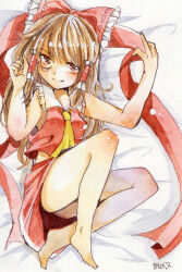 Rule 34 | 1girl, ascot, bare legs, bare shoulders, barefoot, bow, breasts, brown hair, closed eyes, commentary request, frilled bow, frilled hair tubes, frilled shirt collar, frills, full body, hair bow, hair tubes, hakurei reimu, highres, light smile, long hair, looking at viewer, lying, on back, on bed, painting (medium), red bow, red eyes, red shirt, red skirt, shirt, simple background, skirt, small breasts, solo, totoki mea, touhou, traditional media, watercolor (medium), white background, yellow ascot