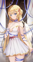 Rule 34 | 1girl, :3, ahoge, angel, angel wings, bare shoulders, blonde hair, blue eyes, blush, breasts, breasts apart, closed mouth, collarbone, cowboy shot, dress, hand on own chest, highres, looking at viewer, original, plunging neckline, ribbon, shadow, short dress, shuvi (shuvi1125), side ponytail, small breasts, smile, strap slip, tsurime, white dress, wings