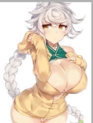 Rule 34 | 10s, 1girl, asymmetrical hair, bad id, bad twitter id, bare shoulders, braid, breasts, choker, cleavage, cleavage cutout, clothing cutout, covered erect nipples, cowboy shot, crop top, hair between eyes, hand on own chest, hood, hooded track jacket, hoodie, jacket, jitome, kantai collection, large breasts, leaning forward, long hair, looking at viewer, navel, open mouth, panties, pocket, pokoten (pokoten718), single braid, solo, thighs, track jacket, underwear, unryuu (kancolle), unzipped, very long hair, white hair, white panties, yellow eyes