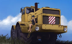 Rule 34 | 1girl, artist name, barefoot, black hair, blue sky, bulldozer, cloud, construction, crossed ankles, dated, dead-robot, full body, grass, grey sky, kirovets k701, machinery, mixed-language commentary, motor vehicle, naked overalls, original, outdoors, overalls, ponytail, sitting, sky, solo, vehicle focus, watermark, wide shot
