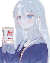 Rule 34 | 1girl, blue eyes, blue jacket, blush, closed mouth, hair between eyes, jacket, long hair, long sleeves, nissin cup noodle, project sekai, solo, twitter username, upper body, very long hair, white background, white hair, xxxxgom, yoisaki kanade
