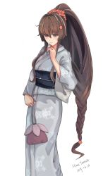 Rule 34 | 1girl, 2019, bad id, bad twitter id, breasts, brown eyes, brown hair, dated, female focus, flower, hair flower, hair ornament, highres, himeyamato, japanese clothes, kantai collection, kimono, large breasts, long hair, looking to the side, matching hair/eyes, medium breasts, ponytail, self-upload, simple background, smile, solo, standing, very long hair, white background, yamato (kancolle)