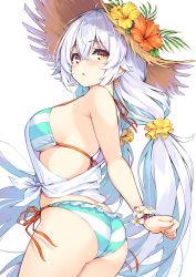 Rule 34 | 1girl, ahoge, armpits, ass, bare pectorals, bare shoulders, bikini, bikini under clothes, bracelet, breasts, cowboy shot, cu-no, flower, from side, front-tie top, halterneck, hat, hat flower, hibiscus, hisen kaede, jewelry, large breasts, long hair, looking at viewer, low twintails, nail polish, orange eyes, parted lips, pectorals, rapua qive, shirt, side-tie bikini bottom, simple background, sleeveless, sleeveless shirt, solo, string bikini, striped bikini, striped clothes, sun hat, swimsuit, twintails, very long hair, white background, white hair, white shirt