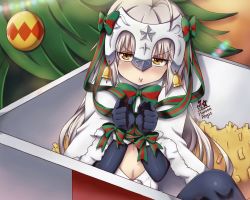 Rule 34 | ahoge, bell, black gloves, black legwear, bound, bound wrists, bow, capelet, christmas tree, dress, fate/grand order, fate (series), gloves, green bow, green ribbon, hair bow, hair ribbon, headpiece, jeanne d&#039;arc (fate), jeanne d&#039;arc alter (fate), jeanne d&#039;arc alter santa lily (fate), long hair, maroonabyss, ribbon, sitting, solo, striped bow, striped ribbon, tied up (nonsexual), white dress, white hair, yellow eyes
