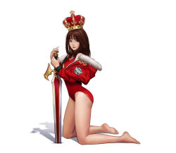 Rule 34 | 1girl, barefoot, brown hair, commentary, crown, feet, highres, holding, jungon kim, kneeling, long hair, looking at viewer, open mouth, original, shadow, solo, sword, thighs, weapon, white background