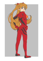 Rule 34 | 1girl, absurdres, alpine, ass, bodysuit, border, breasts, brown hair, full body, hair between eyes, hands on own hips, highres, interface headset, long hair, looking at viewer, looking back, medium breasts, neon genesis evangelion, plugsuit, red bodysuit, shiny clothes, simple background, solo, souryuu asuka langley, tsundere, two side up, very long hair, white border, wide hips