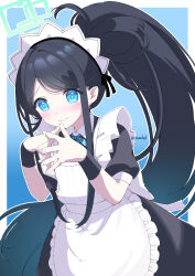 1girl absurdres alternate_costume alternate_hairstyle aris_(blue_archive) blue_archive blue_background blue_eyes blush closed_mouth commentary_request enmaided hair_ornament halo highres long_hair looking_at_viewer maid maid_headdress ponytail simple_background solo toketa_neko very_long_hair