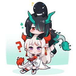Rule 34 | 2girls, :o, animal, animal on head, arknights, bandeau, bitey (arknights), black footwear, black hair, black jacket, blush, boots, bowl, chibi, commentary, commission, dragon girl, dragon horns, dragon tail, dusk (arknights), earrings, english commentary, flame-tipped tail, green hair, hair over one eye, holding, holding bowl, horns, jacket, jewelry, kurotofu, long sleeves, midriff, multicolored hair, multiple girls, navel, nian (arknights), no mouth, on head, open clothes, open jacket, open mouth, pointy ears, purple eyes, red bandeau, red eyes, red hair, short eyebrows, shorts, simple background, stacking, streaked hair, tail, tassel, tassel earrings, thick eyebrows, two-tone hair, white background, white footwear, white hair, white jacket, white shorts