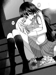 Rule 34 | 2girls, black socks, closed eyes, food, greyscale, hand in another&#039;s hair, heart, highres, looking at another, lying on another, macaron, monochrome, multiple girls, pocky, pocky kiss, school uniform, shared food, sitting, socks, stairs, yotsuba masumi, yuri
