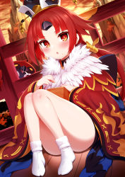 Rule 34 | 1girl, apron, benienma (fate), bird, bird hat, blush, breasts, brown headwear, eating, fate/grand order, fate (series), fur collar, highres, japanese clothes, kimono, knees up, long hair, long sleeves, looking at viewer, low ponytail, m-da s-tarou, masu, open mouth, parted bangs, red eyes, red hair, red kimono, sitting, small breasts, socks, sparrow, tabi, thighs, very long hair, white apron, white socks, wide sleeves