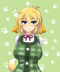 Rule 34 | 1girl, :3, ahoge, animal crossing, animal ears, arms behind back, blonde hair, blush, breasts, buttons, collar, cosplay, crossover, dog ears, dog girl, dog tail, green background, heterochromia, highres, isabelle (animal crossing), jacket, kuron hakaisha, large breasts, looking at viewer, nintendo, plaid, plaid jacket, red ribbon, ribbon, ryouna (senran kagura), senran kagura, shirt, short hair, simple background, solo, standing, tail, twintails, white collar, white shirt