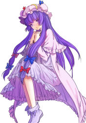 Rule 34 | 1girl, book, boots, bow, capelet, crescent, dress, full body, hair ribbon, hat, highres, long hair, long sleeves, looking at viewer, mi ye xi, mob cap, open mouth, patchouli knowledge, purple eyes, purple hair, ribbon, simple background, solo, touhou, tress ribbon, white background, wide sleeves