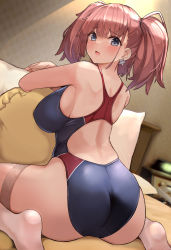 Rule 34 | 1girl, alternate costume, ass, atlanta (kancolle), bedroom, blue one-piece swimsuit, blush, breasts, brown hair, competition swimsuit, earrings, grey eyes, hair between eyes, highleg, highleg swimsuit, highres, jewelry, kantai collection, kihou no gotoku dmc, large breasts, long hair, looking at viewer, looking back, on bed, one-piece swimsuit, red one-piece swimsuit, single earring, sitting, solo, star (symbol), star earrings, swimsuit, thighhighs, two-tone swimsuit, two side up, wariza, white thighhighs