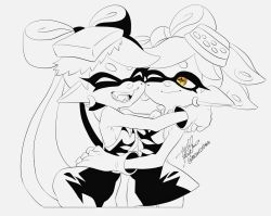 Rule 34 | 2girls, ;), bare shoulders, breasts, callie (splatoon), cleavage, closed eyes, closed mouth, cousins, cropped legs, cross-shaped pupils, dress, earrings, food, food on head, hug, inkling, isamu-ki (yuuki), jewelry, long hair, looking at another, marie (splatoon), mole, mole under eye, multiple girls, nintendo, object on head, one eye closed, open mouth, pointy ears, short hair, simple background, small breasts, smile, splatoon (series), splatoon 1, spot color, suction cups, symbol-shaped pupils, tentacle hair, twitter username, white background, yellow eyes