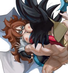 Rule 34 | 1boy, 1girl, android 21, ass, black hair, blue eyes, breasts, dragon ball, dragon ball fighterz, earrings, eyelashes, from above, glasses, hetero, highres, jewelry, large breasts, legs up, long hair, messy hair, nipples, noblood (ryandomonica), nude, open mouth, red hair, saiyan, sex, son goku, testicles, thick lips, tongue, veins