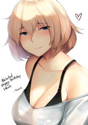 Rule 34 | 1girl, black bra, blonde hair, blue eyes, blush, bra, breasts, cleavage, closed mouth, from side, hair between eyes, happy birthday, heart, highres, large breasts, looking to the side, off-shoulder shirt, off shoulder, original, shirt, smile, solo, tony guisado, underwear, upper body, white shirt