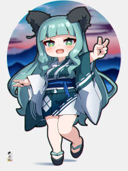 Rule 34 | 1girl, :d, animal ears, black footwear, blue hair, blurry, blurry background, blush, breasts, commentary, commission, depth of field, english commentary, full body, green eyes, highres, japanese clothes, kimono, kuro kosyou, long hair, long sleeves, looking at viewer, medium breasts, obi, open mouth, original, outstretched arm, sandals, sash, short kimono, skeb commission, smile, solo, standing, standing on one leg, v, very long hair, white kimono, wide sleeves, zouri