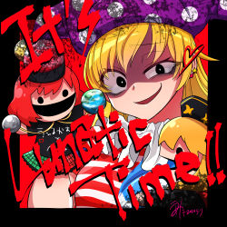 Rule 34 | 1girl, american flag shirt, arm up, arms up, artist name, black border, black dress, black eyes, black hat, black shirt, blonde hair, blouse, blue skirt, blush, border, breasts, character doll, chinese clothes, clothes writing, clownpiece, commentary request, crescent, doll, dress, earrings, earth (ornament), english text, eyes visible through hair, fang, frills, green skirt, hair between eyes, hand up, hands up, hat, heart, heart earrings, heart print, hecatia lapislazuli, highres, jester cap, jewelry, junko (touhou), long hair, long sleeves, looking at another, looking at viewer, medium breasts, moon (ornament), multicolored clothes, multicolored skirt, neck ruff, open mouth, orange hair, outside border, phoenix crown, plaid, plaid skirt, polka dot, purple hat, red background, red hair, red skirt, shaded face, shirt, short hair, short sleeves, simple background, skirt, smile, solo, star (symbol), star earrings, striped clothes, striped shirt, t-shirt, tongue, touhou, umetake moka, underworld (ornament), wide sleeves
