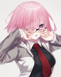 Rule 34 | 1girl, between breasts, black-framed eyewear, black shirt, blush, breasts, collared shirt, commentary request, fate/grand order, fate (series), fingernails, glasses, grey jacket, hair over one eye, hand on own cheek, hand on own face, harukappa, highres, hood, hood down, hooded jacket, jacket, large breasts, long sleeves, looking at viewer, mash kyrielight, necktie, necktie between breasts, one eye covered, open clothes, open jacket, open mouth, pink hair, purple eyes, red necktie, shirt, short hair, simple background, solo, white background