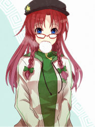 Rule 34 | 1girl, alternate costume, alternate headwear, baozi, bespectacled, blue eyes, bow, braid, china dress, chinese clothes, contemporary, dress, female focus, food, glasses, hair bow, hands in pockets, hong meiling, hood, hoodie, long hair, meet (105r), mouth hold, open clothes, open hoodie, red-framed eyewear, red hair, simple background, solo, touhou, twin braids, upper body