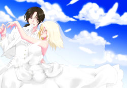 Rule 34 | 2girls, bad id, bad pixiv id, black hair, blonde hair, krista lenz, cloud, couple, dress, formal, freckles, gloves, gotdame, jewelry, mouth hold, multiple girls, outstretched arm, profile, ring, shingeki no kyojin, sky, veil, wedding, wedding dress, white dress, wife and wife, ymir (shingeki no kyojin), yuri