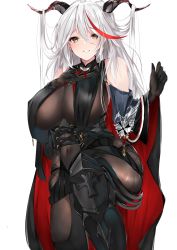 Rule 34 | 1girl, aegir (azur lane), azur lane, bare shoulders, black cape, bodystocking, breast curtains, breasts, cape, covered navel, cross, demon horns, highres, horns, iron cross, large breasts, leg up, long hair, looking at viewer, multicolored hair, mutou mame, parted lips, red hair, simple background, smile, solo, streaked hair, white background, white hair, yellow eyes