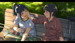 Rule 34 | 2girls, bench, black hair, blue eyes, blush, clenched teeth, commentary request, crutch, dappled sunlight, fuyuhino, hand on another&#039;s cheek, hand on another&#039;s face, hibike! euphonium, highres, instrument, jacket, letterboxed, multiple girls, one eye closed, outdoors, park bench, ponytail, red eyes, red jacket, rikka koukou marching band e youkoso, sasaki azusa, shirt, short hair, short sleeves, sitting, sunlight, teeth, track suit, trombone, white shirt, yuri, zipper, zipper pull tab