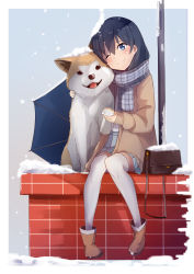 Rule 34 | 1girl, absurdres, animal, bag, black hair, blue eyes, boots, border, closed mouth, dog, enpera, full body, hair between eyes, highres, ikada sora, jacket, long hair, long sleeves, looking at viewer, miniskirt, one eye closed, original, plaid, plaid scarf, pleated skirt, scarf, shoes, sitting, skirt, smile, snow, solo, thighhighs, thighs, umbrella, white skirt, white thighhighs, zettai ryouiki