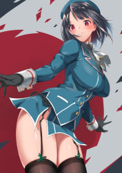 Rule 34 | 1girl, beret, black gloves, black hair, black thighhighs, blue hat, blue jacket, blush, breasts, cowboy shot, doushimasho, garter straps, gloves, grin, hat, jacket, kantai collection, large breasts, long sleeves, looking at viewer, multicolored background, red eyes, short hair, smile, solo, takao (kancolle), thighhighs, upper body