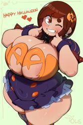 Rule 34 | 1girl, areola slip, blush, breasts, brown eyes, brown hair, cleavage, clenched teeth, commentary, cowboy shot, earrings, english text, green background, halloween, halloween costume, heart, highres, huge breasts, jack-o&#039;-lantern, jewelry, lightsource, looking at viewer, medium hair, one eye closed, open mouth, orange nails, original, plump, purin (lightsource), purple wrist cuffs, short sleeves, signature, simple background, solo, symbol-only commentary, teeth, thick arms, thick eyebrows, thick thighs, thighhighs, thighs, wrist cuffs