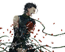 Rule 34 | 1boy, ahoge, black hair, blood, blood on face, bound, diarmuid ua duibhne (lancer) (fate), fate/zero, fate (series), flower, injury, kinata, male focus, mole, mole under eye, petals, plant, red flower, red rose, rose, short hair, shouting, solo, tears, tentacles, tentacles on male, thorns, tied up (nonsexual), vines, yellow eyes
