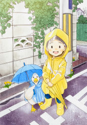 Rule 34 | 1girl, 1other, bird, commentary request, day, duck, flower, fujiwara yoshito, highres, holding, holding umbrella, long sleeves, looking at viewer, open mouth, original, outdoors, rain, smile, solo, umbrella, water drop, wet