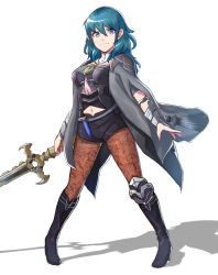 Rule 34 | 1girl, absurdres, armor, black shorts, blue eyes, blue hair, brown pantyhose, byleth (female) (fire emblem), byleth (fire emblem), cleavage cutout, closed mouth, clothing cutout, dagger, fire emblem, fire emblem: three houses, full moon, grimmelsdathird, hair between eyes, heroes relic (fire emblem), highres, holding, holding sword, holding weapon, knife, lace, lace-trimmed legwear, lace trim, moon, navel cutout, nintendo, pantyhose, pantyhose under shorts, sheath, sheathed, short shorts, shorts, simple background, solo, sword, sword of the creator, weapon, white background