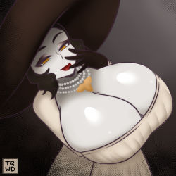 Rule 34 | 1girl, 2021, absurdres, alcina dimitrescu, black background, black gloves, black hair, breasts, cleavage, dress, dutch angle, eyeshadow, gloves, hat, highres, huge breasts, jewelry, lipstick, looking at viewer, makeup, mature female, necklace, pale skin, patterned background, pearl necklace, pendant, raised eyebrows, red lips, resident evil, resident evil village, seductive smile, shiny skin, short hair, smile, solo, sun hat, that-girl-whodraws, thick lips, upper body, white dress, yellow eyes, yukihana draws