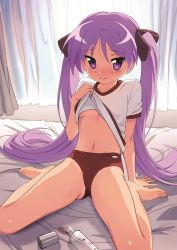 Rule 34 | 1girl, arm support, barefoot, bed, blush, bow, breasts, brown bow, buruma, closed mouth, clothes lift, collarbone, commentary request, furrowed brow, gluteal fold, groin, hair between eyes, hair bow, hair ornament, highres, hiiragi kagami, hotaru iori, ichimi renge, indoors, lifting own clothes, long hair, looking at viewer, lotion bottle, lucky star, navel, purple eyes, purple hair, red buruma, school uniform, second-party source, shiny skin, shirt, shirt lift, short sleeves, sitting, small breasts, solo, straight hair, tan, tanline, tsurime, twintails, very long hair, wariza, wavy mouth, white curtains, white shirt